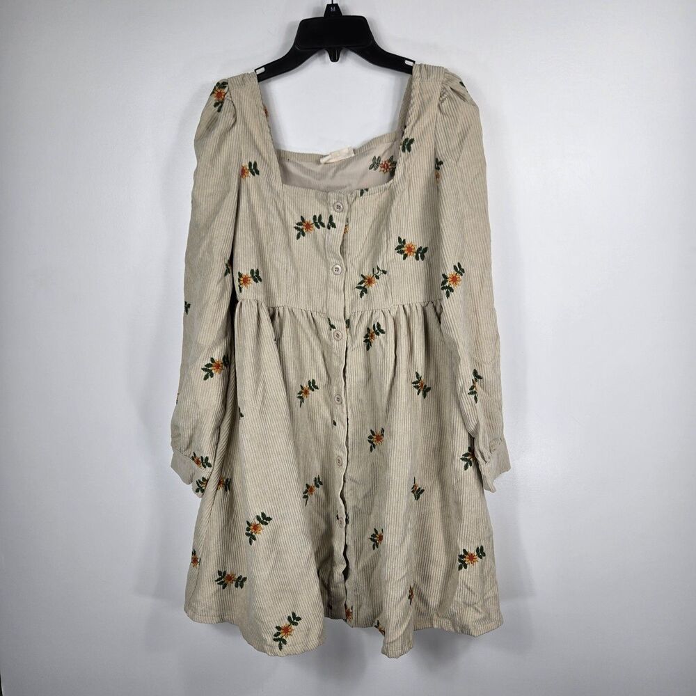 Listicle Women's Small Beige Floral Embroidered Corduroy Button Up Dress READ